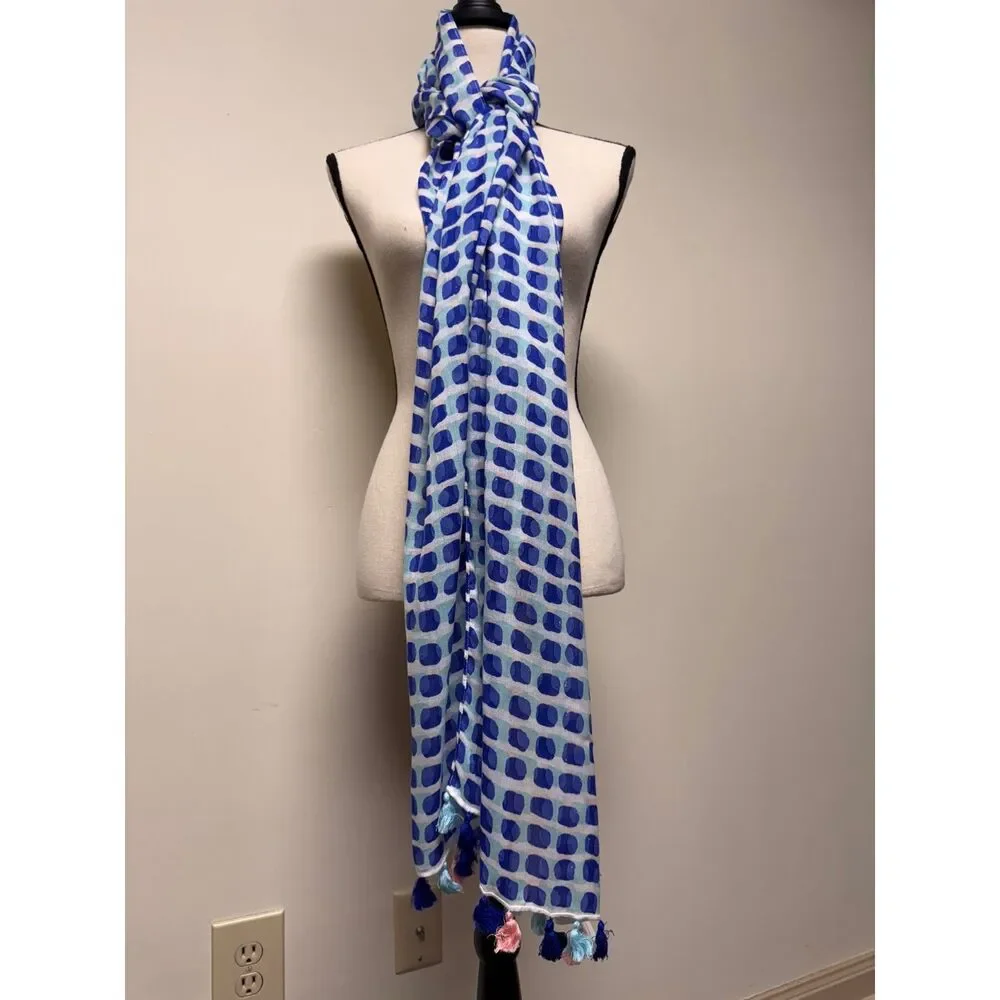 NWT - KATE SPADE Island Stamp Scarf, Blue/White/Pink/Turquoise, Tassels